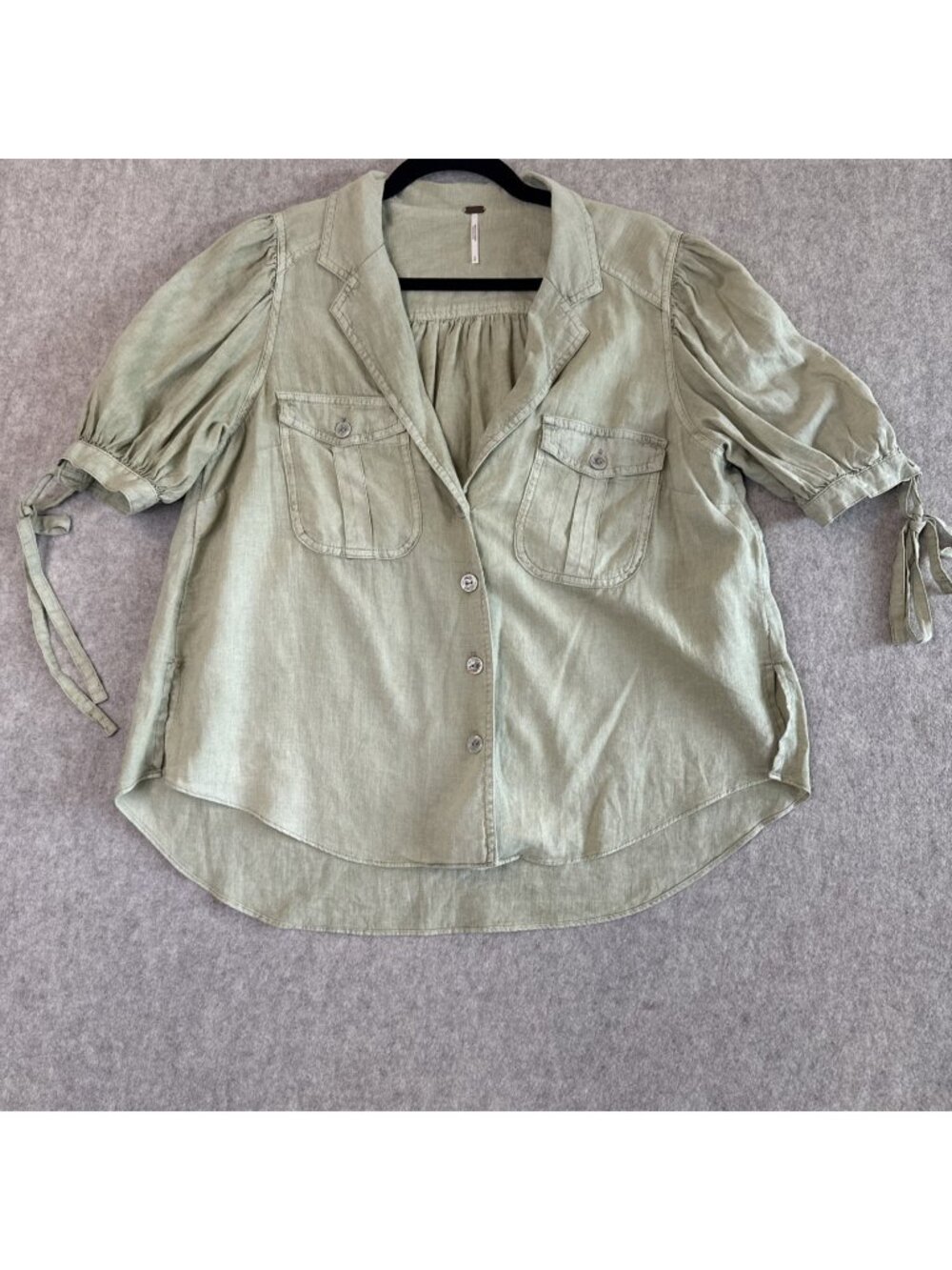 Free People Linen Top Womens S Sage Green Puff Sleeve Button Down Whimsical